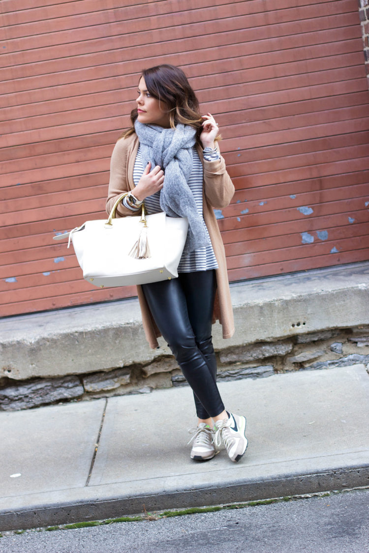 Casual Winter Style: Clare V. Sandrine, Leather Leggings, Nike Sneakers