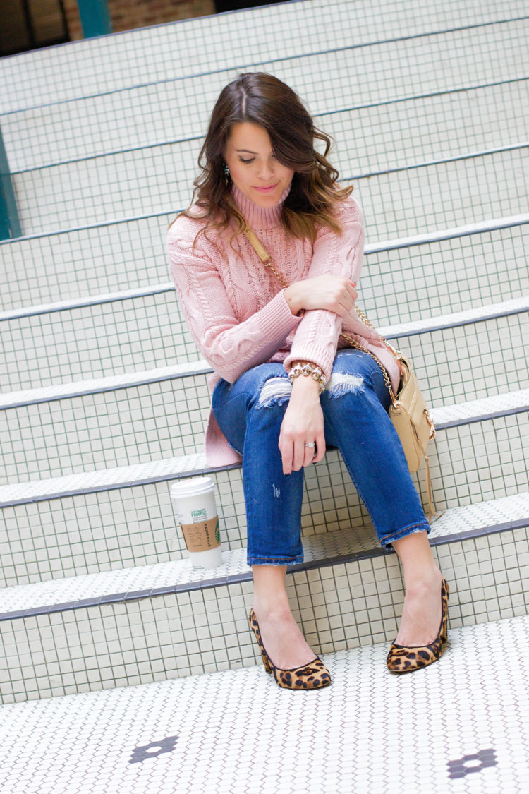 Winter Outfit Inspiration on Glitter & Gingham: Pink Cable Knit Turtleneck, Distressed Denim, Leopard Pumps