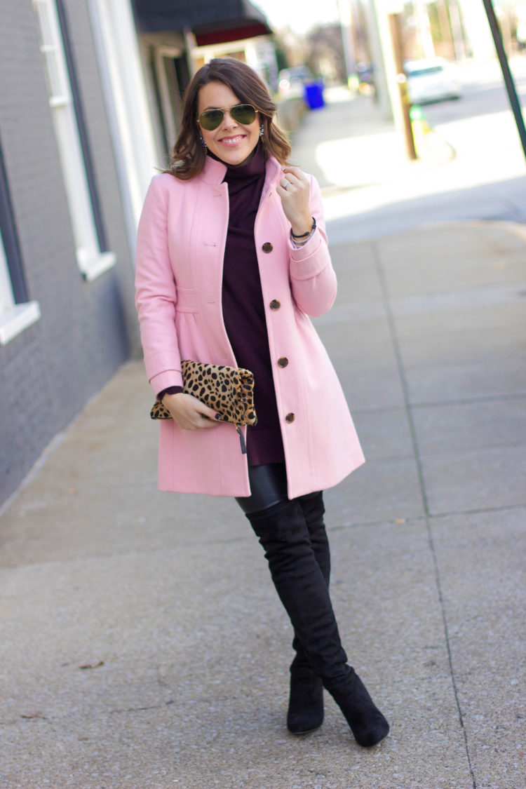 pink & burgundy: Clare V. leopard clutch, over the knee boots, leather leggings