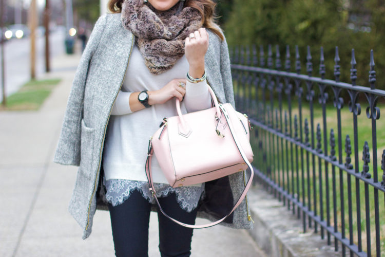 A lady like outfit: white lace sweater, coated denim, black pumps