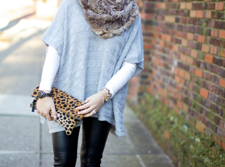 Grey Poncho, Leather Leggings, Faux Fur Scarf, Leopard Clutch