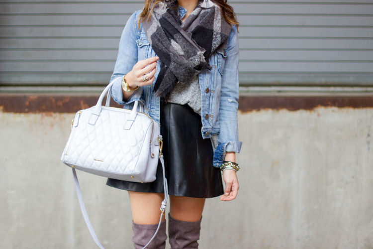 Denim Jacket, Leather Skirt, Over The Knee Boots, Bauble Bar Earrings