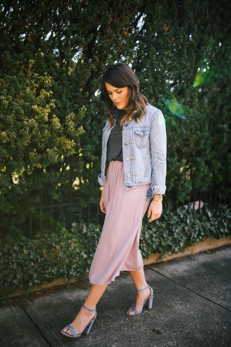 Spring Style: LOFT Midi Dress, J. Crew Denim Jacket & Steve Madden Sandals