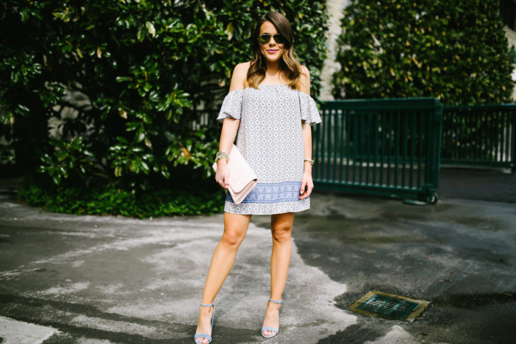 Off the shoulder dress: Forever 21 Dress, Steve Madden Sandals, Vera Bradley Clutch