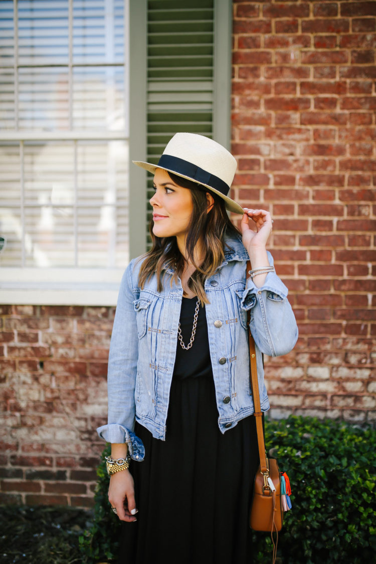 Shelby from Glitter & Gingham shares easy spring styler! Ft. LOFT midi dress, denim jacket & panama hat