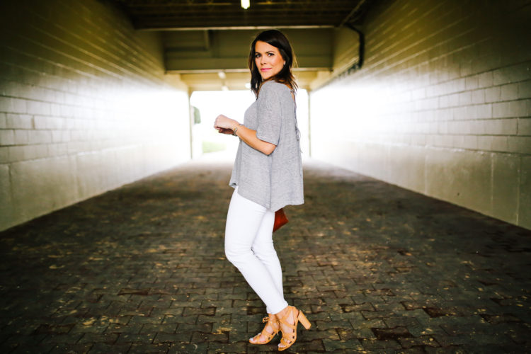 How to style white jeans: J. Crew Jeans, Nordstrom Stripe Top, Antonio Melani Sandals, Madewell Tote, J. Crew Earring