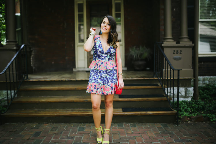 Shelby Skaggs of Glitter & Gingham: BCBG Dress, Steve Madden Shoes, GiGi New York Bag, Lisi Lerch Tassel Earrings