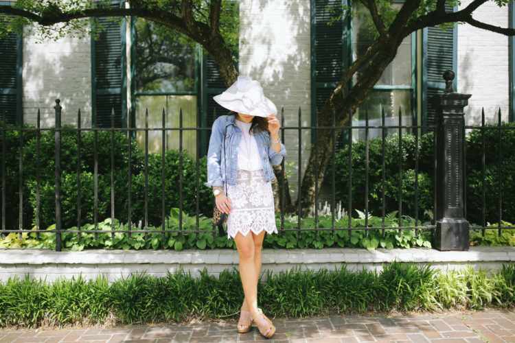 Derby Style: For Love & Lemons Skirt, J. Crew Denim Jacket, Nude Wedges, Kendra Scott Necklace