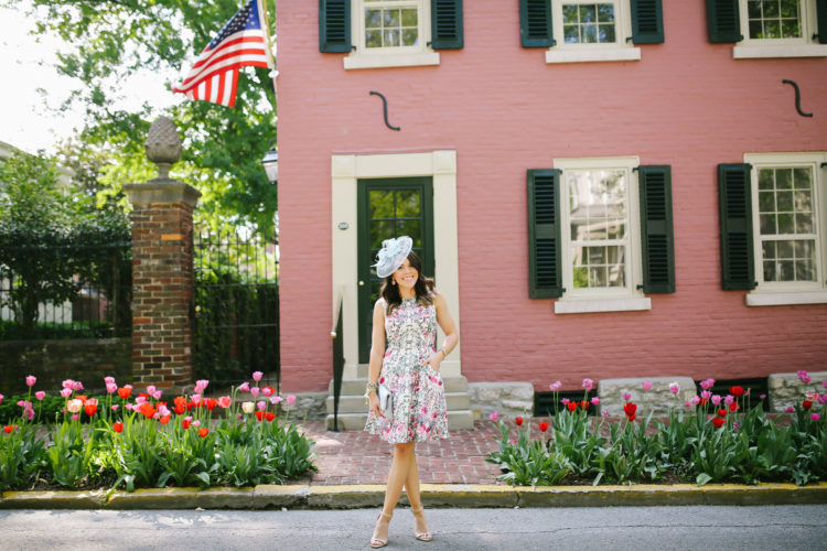 Derby Style: Ted Baker Dress, Bauble Bar Earrings, GiGi New York Clutch, Zara Heels