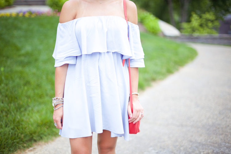 Summer Style on Glitter & Gingham // off the shoulder dress, panama hat, Jack Rogers, GiGi New York crossbody