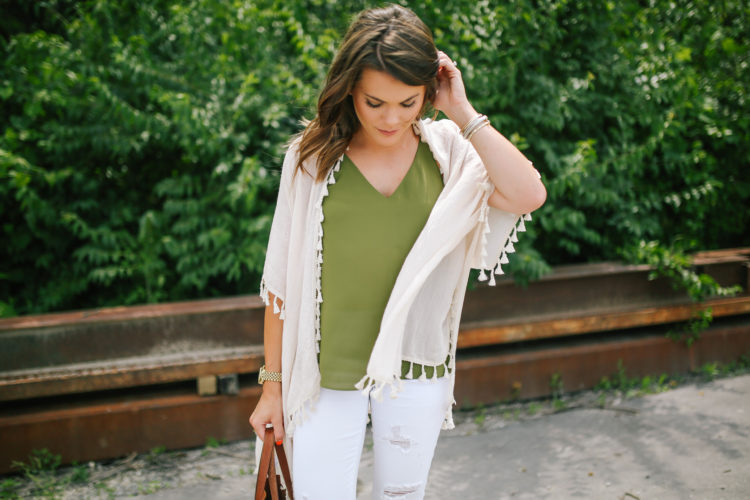 Summer style on Glitter & Gingham // Tassel Kimono, White Distressed Denim, Flatform Sandals, Madewell Transport Tote, Kendra Scott Bangles