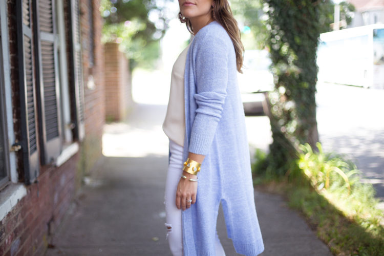 Nordstrom Anniversary Sale Outfit via Glitter & Gingham // Halogen Cardigan, Leopard Heels, White Jeans, J. Crew Earrings