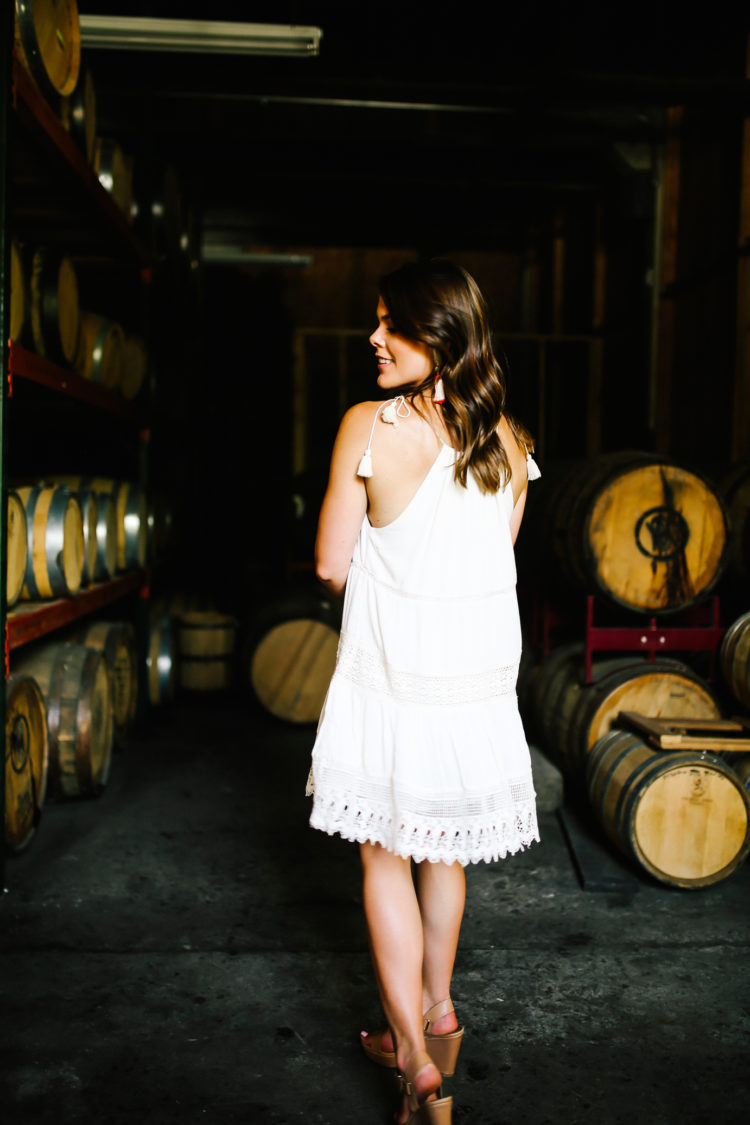 Summer Style via Glitter & Gingham // Urban Outfitters Dress, Nude Wedges, Bauble Bar Tassel Earrings, Rebecca Minkoff Crossbody