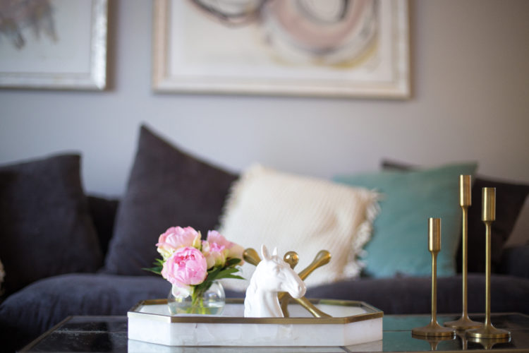 Glitter & Gingham's Living Room // Minted Art, Z Gallerie Couch, World Market Pillows, Homegoods Coffee Table