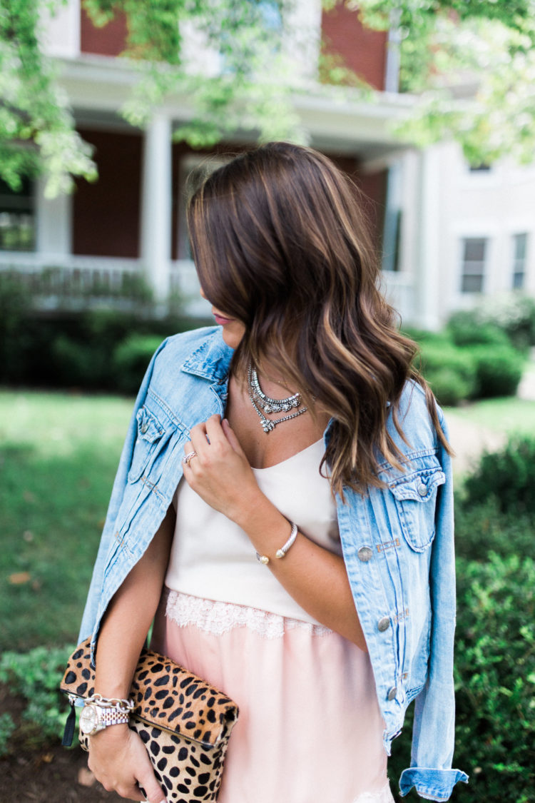 Summer style on Glitter & Gingham // Banana Republic Skirt, J. Crew Denim Jacket, Nude Ankle Strap Sandals, Clare V. Leopard Clutch