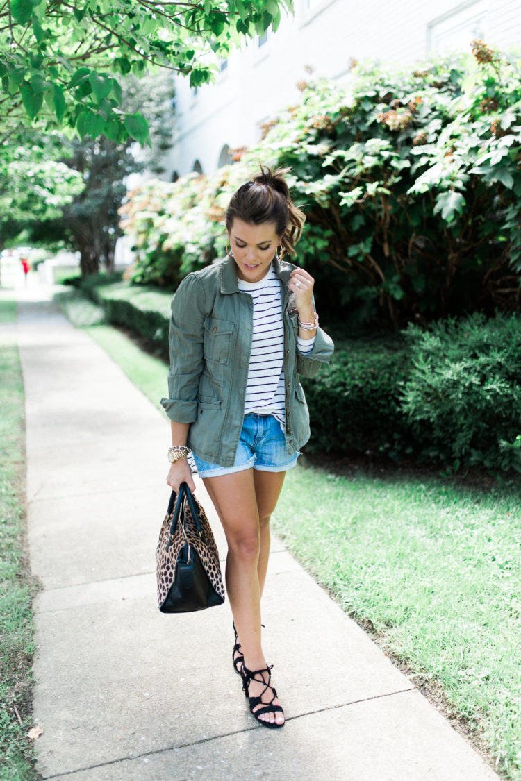 Summer to fall style on Glitter & Gingham // Lace up sandals, Utility Jacket, Stripe Tee & Denim Shorts