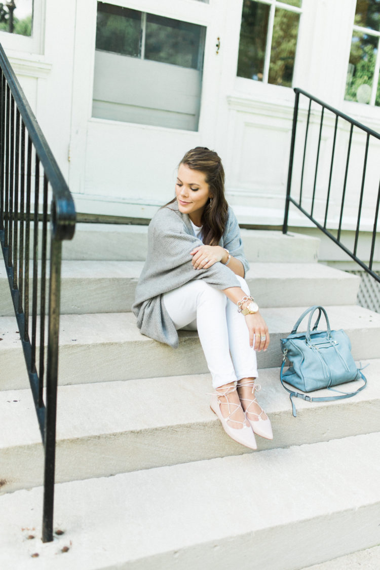 Summer to fall style on Glitter & Gingham // Sincerely Jules T-Shirt, Open Cardigan, Rebecca Minkoff Tote, Lace Up Flats