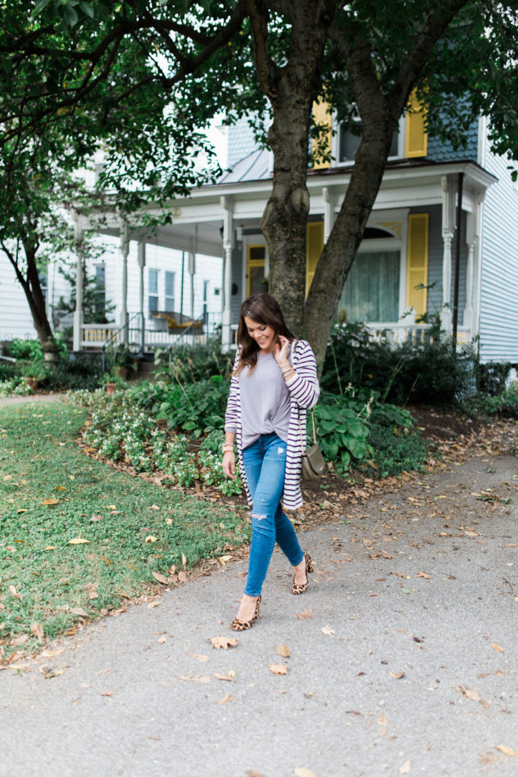 Fall Fashion on Glitter & Gingham // Leopard Heels, Distressed Jeans, Stripe Cardigan, Michael Kors Handbag, BaubleBar Bracelet