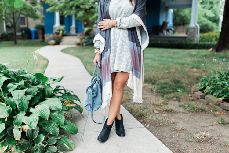 Fall Fashion on Glitter & Gingham // Leopard Dress, Stripe Fringe Poncho, Black Booties, Rebecca Minkoff Regan Satchel