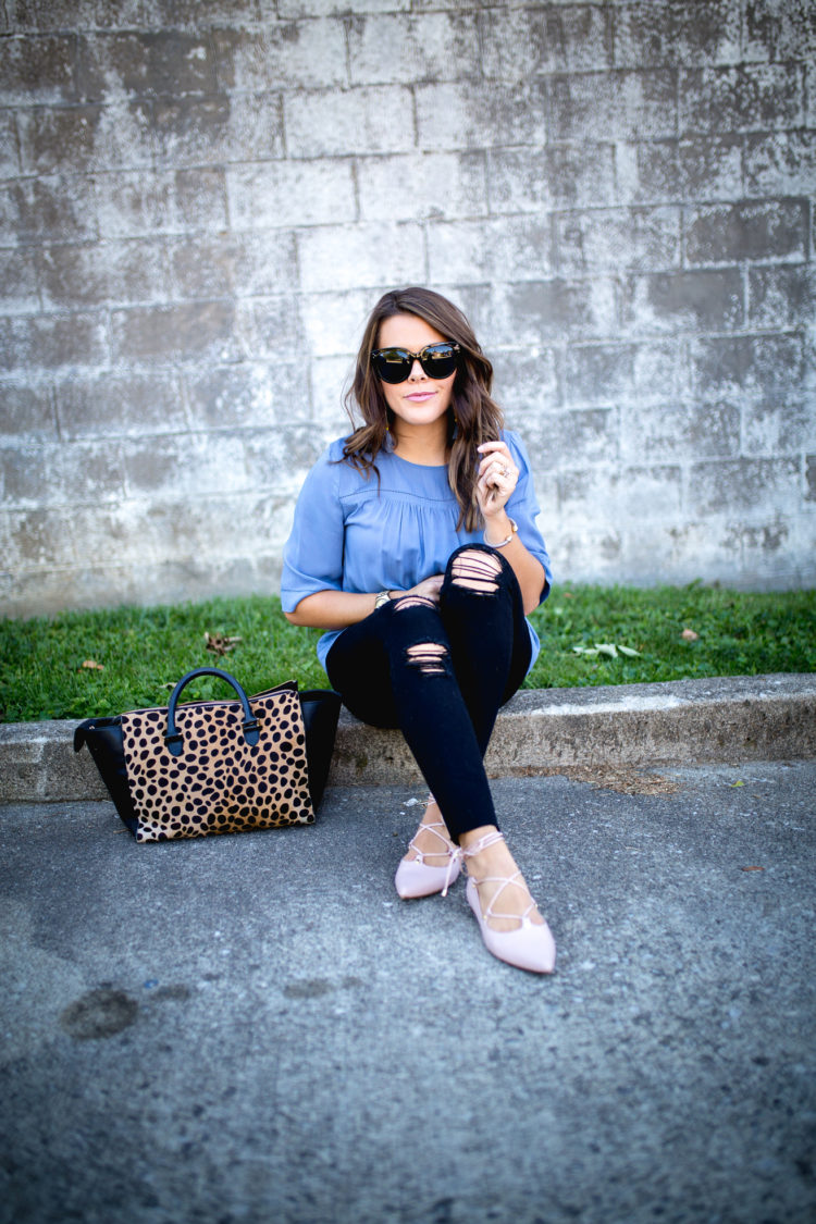 Summer to Fall style on Glitter & Gingham // Old Navy Top, Distressed Black Jeans, How to style lace up flats, Clare V. Tote