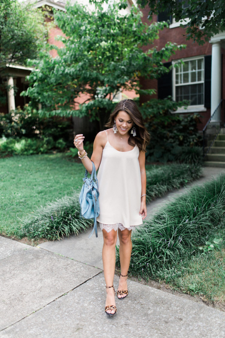 Summer Style on Glitter & Gingham // Lace Trim Dress from Zara, Leopard Heels , Rebecca Minkoff Handbag, BaubleBar Earrings