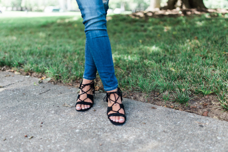 Fall Fashion on Glitter & Gingham // Distressed Denim & Black Blouse, Lace Up Sandals, Henri Bendel Tote, BaubleBar Earrings