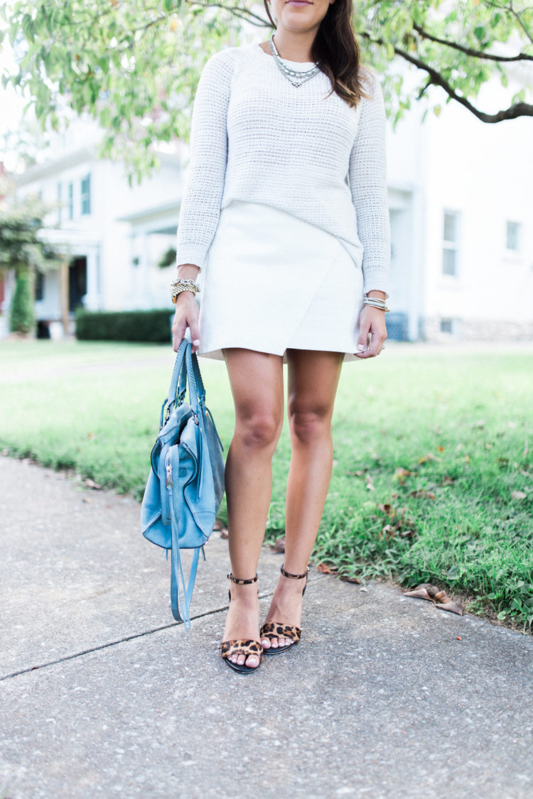 Summer to Fall Style on Glitter & Gingham ft. LOFT Skirt, J. Crew Sweater, Leopard Sandals & Rebecca Minkoff Handbag