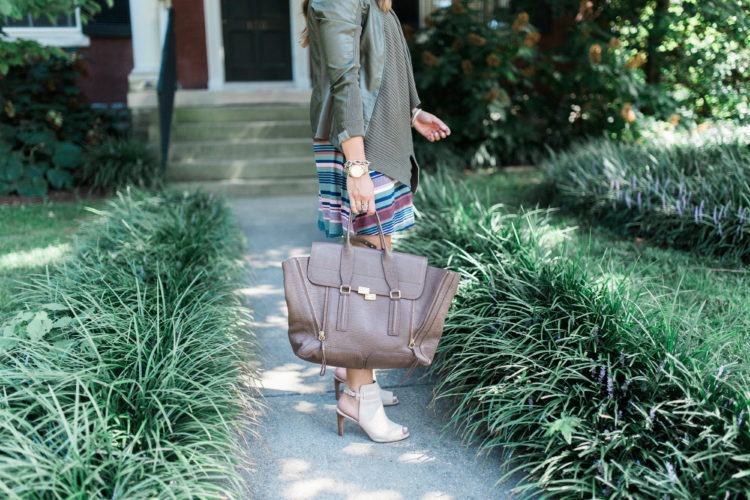 Transition a Stripe T-Shirt Dress from Summer to Fall via Glitter & Gingham // Nordstrom Dress, 3.1 Phillip Lim Pashli, BB Dakota Faux Leather Jacket