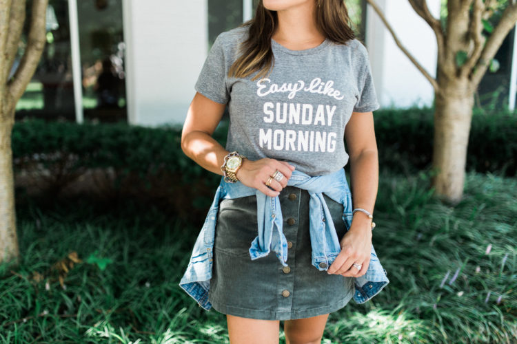 Summer to Fall Outfit on Glitter & Gingham // easy like sunday morning tshirt, corduroy skirt, denim jacket, lace up sandals