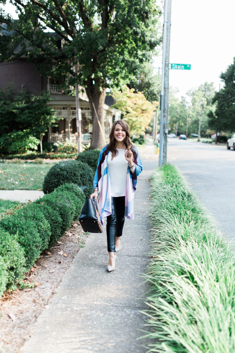 Fall fashion on Glitter & Gingham / Anthropologie Poncho, how to wear leather leggings, Clare V. Leopard Bag, Grey Pumps