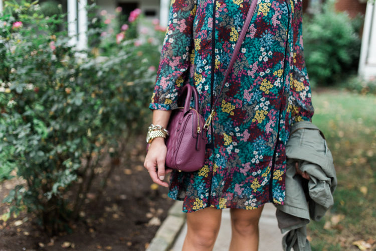 Fall Fashion via Glitter & Gingham // LOFT Floral Dress, Vera Bradley Leather Bag, Peep Toe Booties, Utility Jacket