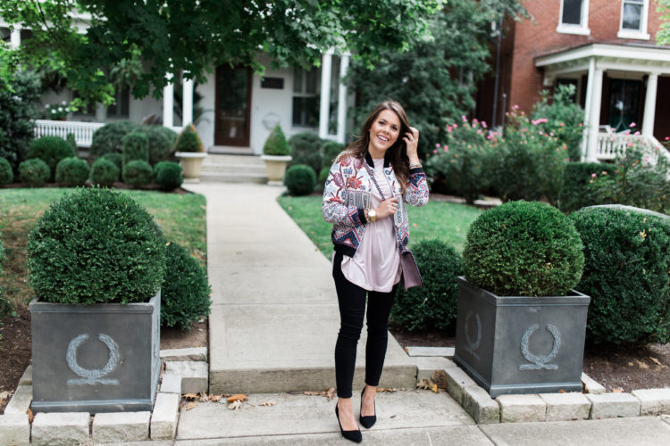 Fall Fashion via Glitter & Gingham // printed bomber jacket, black pumps, black jeans, Target style