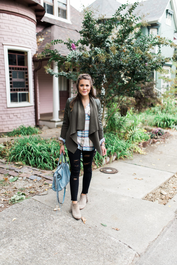 Fall Fashion on Glitter & Gingham // topshop flannel top, distressed denim, sam edelman booties, leather jacket, rebecca minkoff handbag