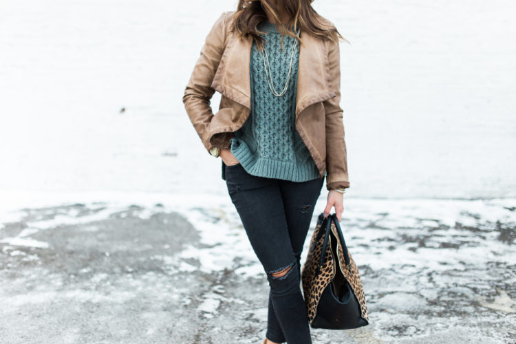 Winter Outfit to Copy:: Outfit Inspiration ft. Brown Leather Jacket, Black Jeans, Rag & Bone Booties, Madewell Sweater