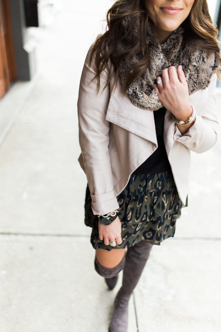 Winter Outfits to Copy:: Ft. Leopard Skirt, Faux Leather Jacket, Grey Over The Knee Boots, Faux Fur Scarf