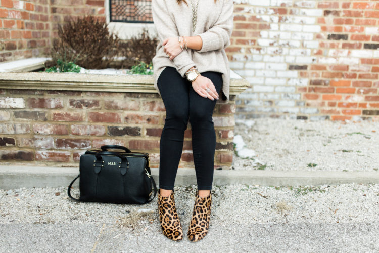 Winter Outfit Inspiration-- how to wear an oversized sweater // Ft. Leopard Booties, GiGi New York Tote Ray-Ban Aviators