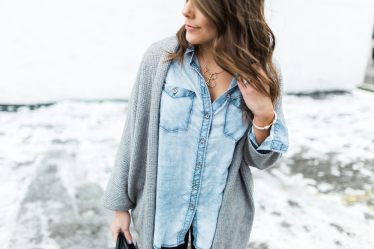 Snow Day Outfit Inspiration: Ft. Open Cardigan, Chambray Shirt, Hunter Boots,Henri Bendel Tote