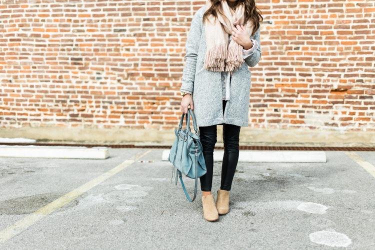 casual winter outfit to copy: cozy scarf, faux leather leggings, plaid flannel, suede booties, rebecca minkoff handbag