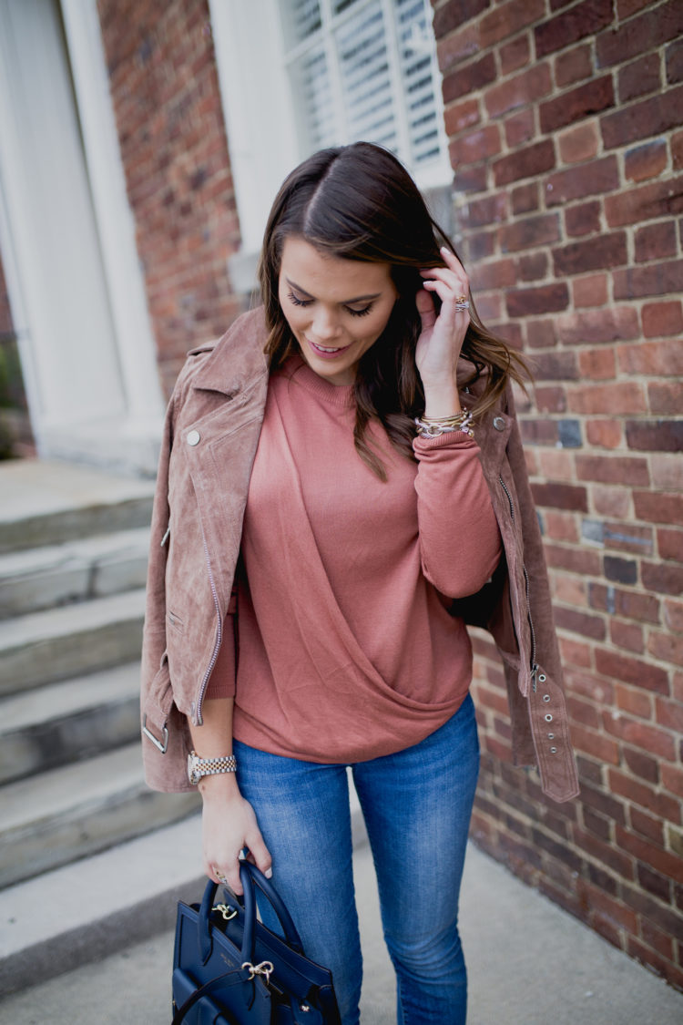 Spring Outfit Inspiration ft. Blank NYC Suede Jacket, Gap Jeans, ASOS Sweater, Henri Bendel Rivington Tote