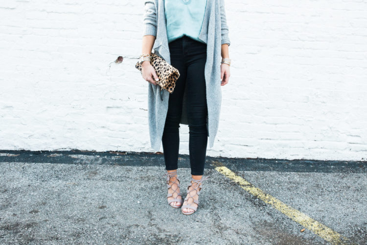 Spring Outfit Idea via Glitter & Gingham / Ft. H&M Lace Camisole, Vince Camuto Lace Up Sandals, LOFT Denim, Clare V. Leopard Clutch