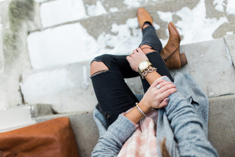 Winter Outfit Inspiration Ft. Madewell Pink Plaid Shirt, Long Cardigan, Madewell Transport Tote, Distressed Denim