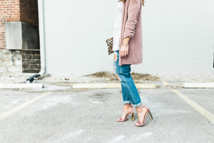 Spring Outfit Inspiration ft. Pink Cardigan, Distressed Boyfriend Jeans, Steve Madden Sandals, Leopard Clutch