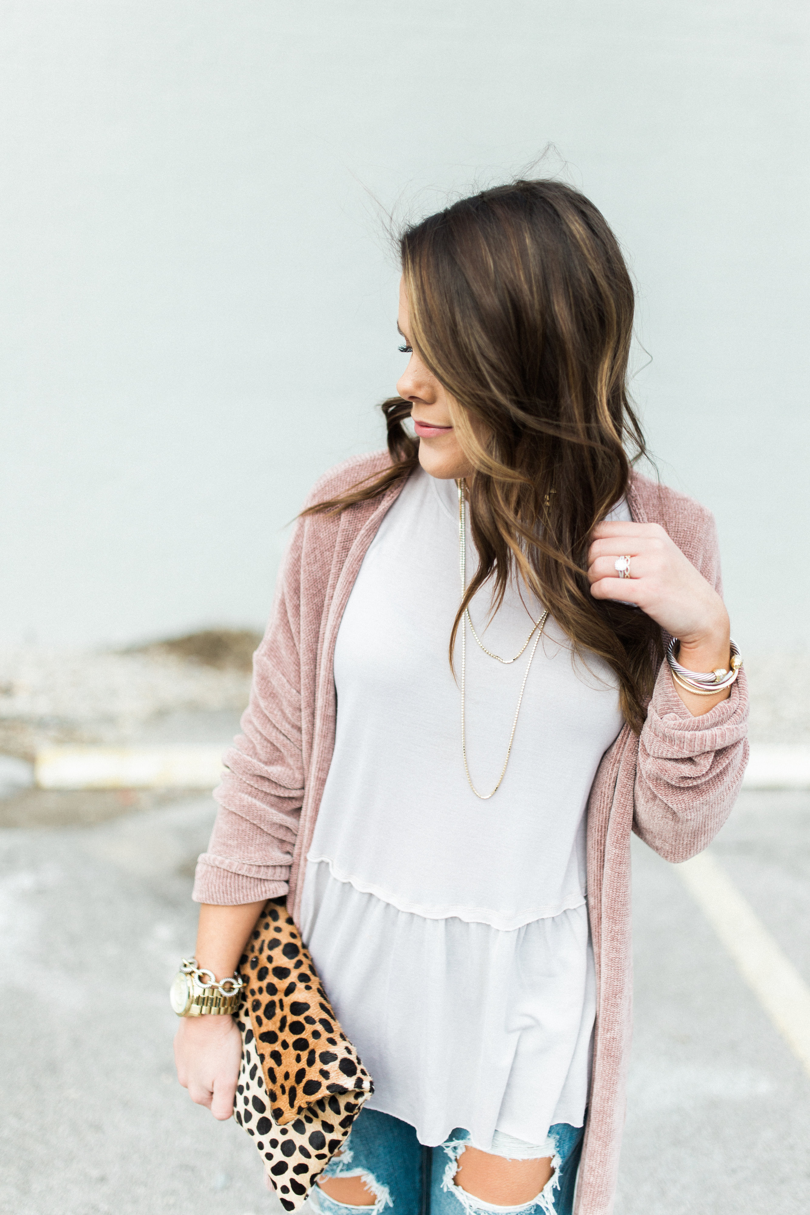 Stylish Work Outfit: Paper Bag Pants, Scalloped Cami, and Pink Cardigan
