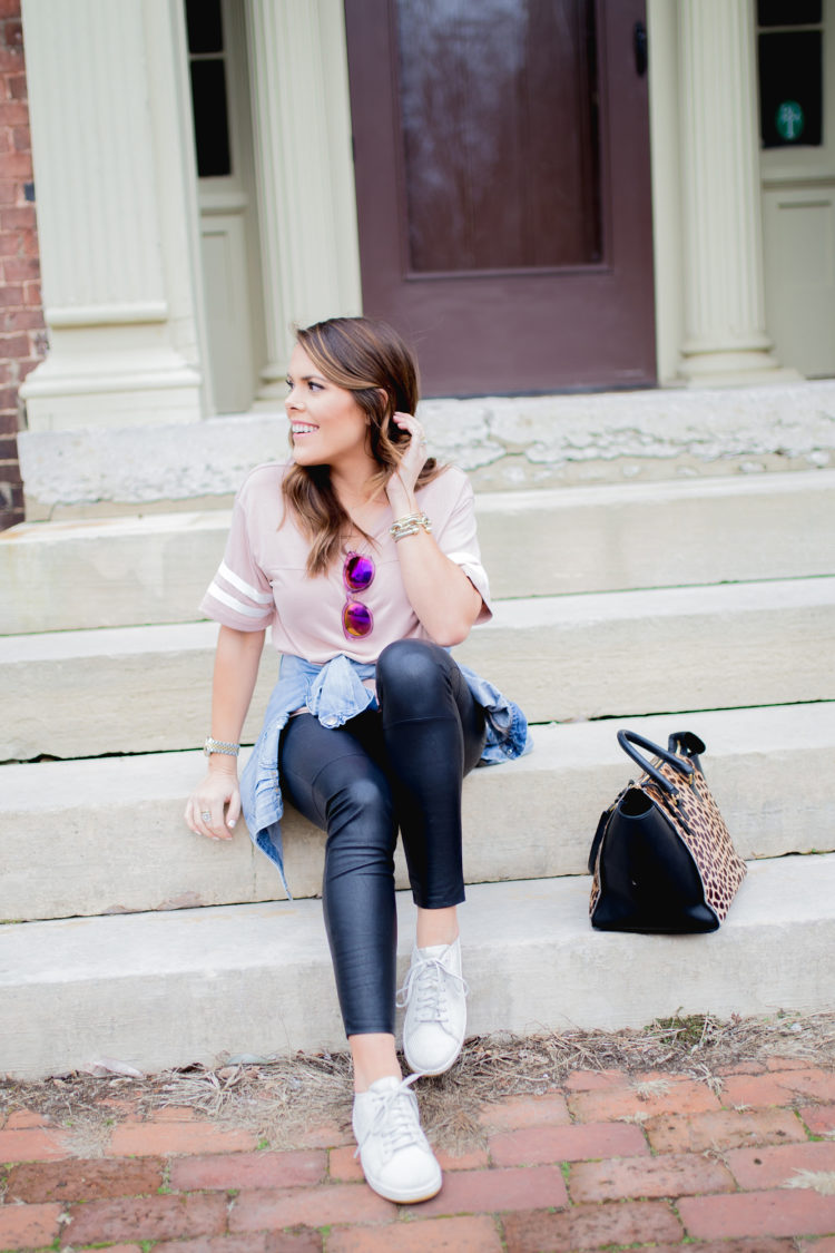 Valentine's Day Outfit Inspiration: Ft. Varsity Tee, Denim Jacket, Nike Sneakers, Clare Vivier, Faux Leather Leggings