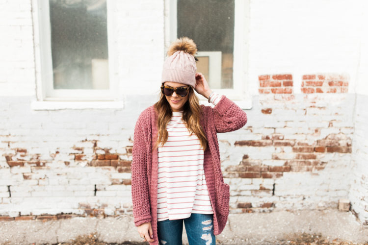 Winter Outfit Idea via Glitter & Gingham / ft. Pink Cardigan, the BEST Basic Tee for Winter