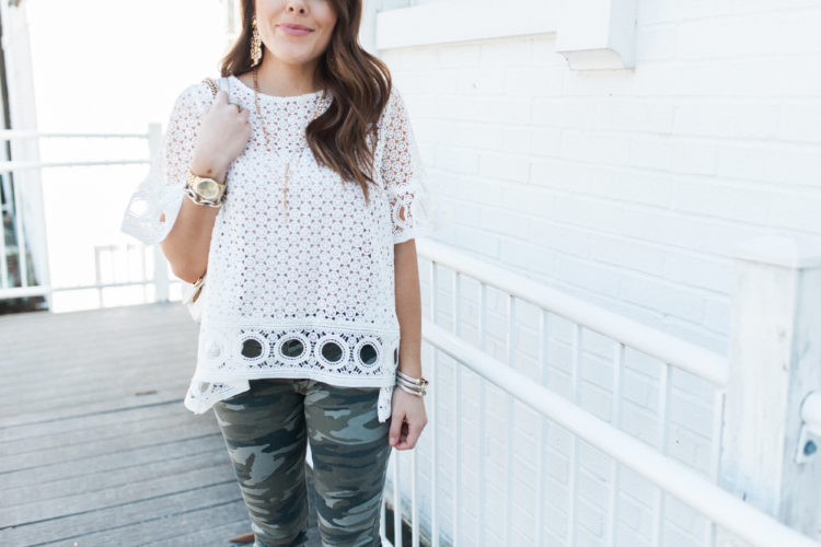 Eyelet White Blouse / Camo Pants