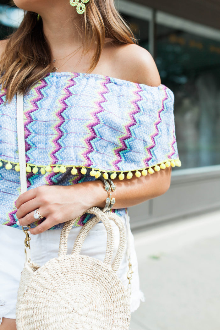 a colorful off the shoulder top