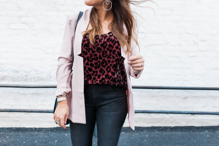 Blush blazer for fall / leopard velvet tank