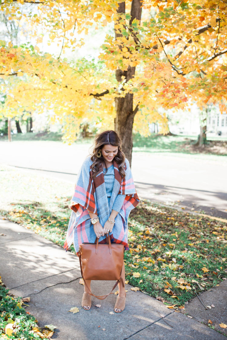 Fall Outfit Idea / Ft. A plaid poncho & casual long sleeve dress